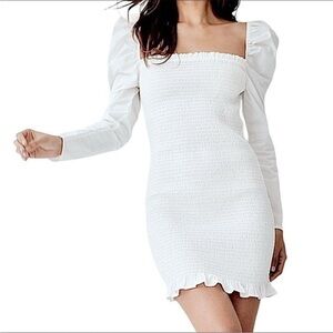 Wilfred Maelys Smocked Bodycon Mini Dress Puff Sleeves 100% Cotton White Medium
